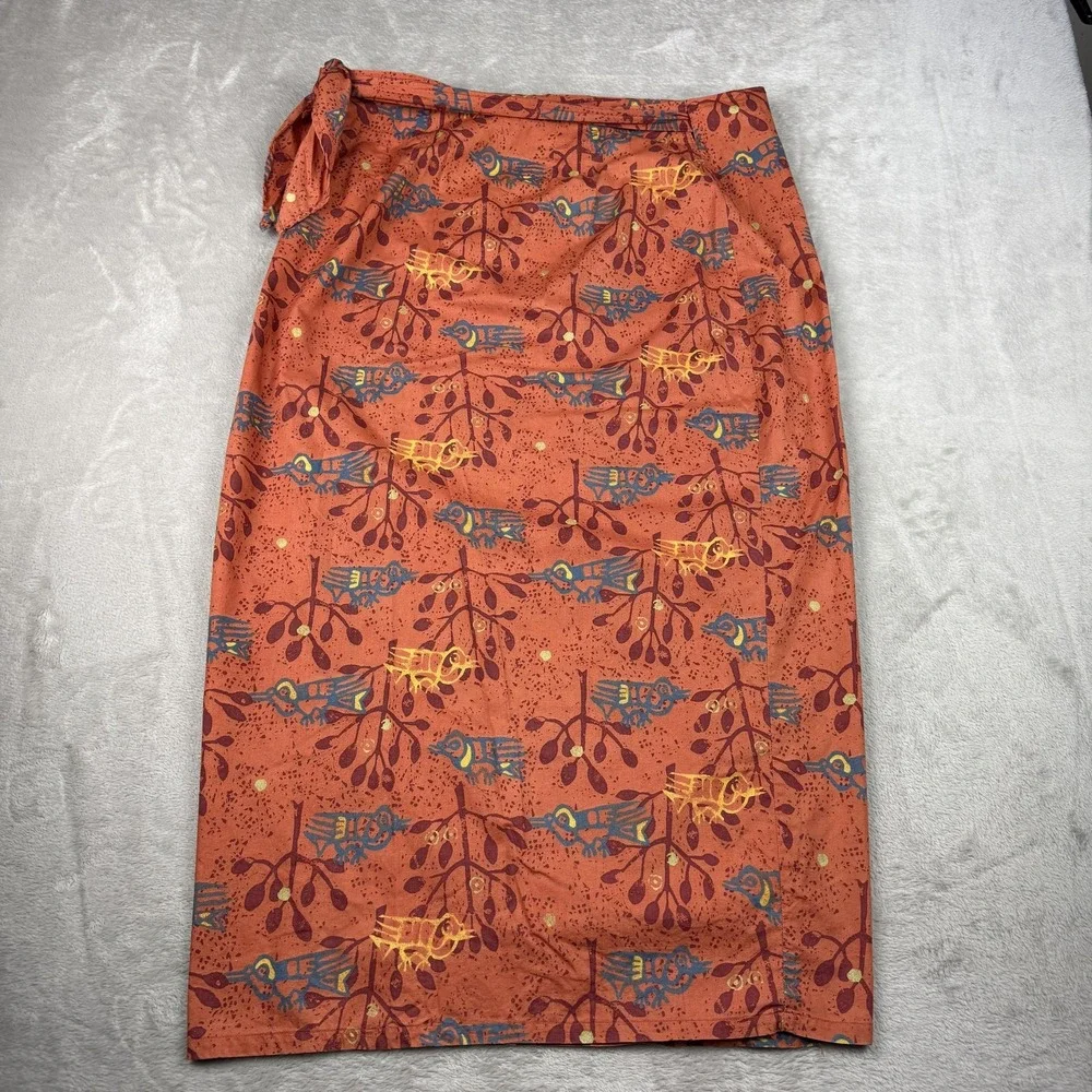 Peruvian Connection Skirt Womens 14 Orange Bird Print Wrap Pima Cotton Midi Boho